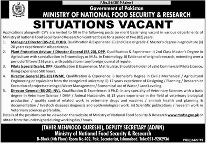 The Ministry of National Food and Security Research Jobs 2020