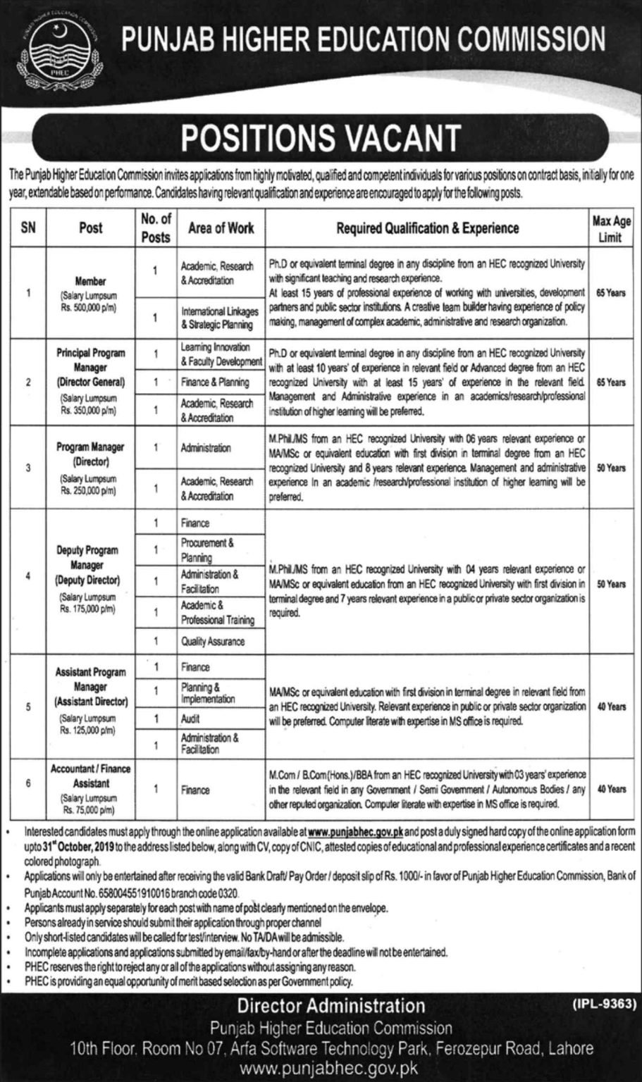 Punjab Higher Education Commission PHEC Director General Jobs 2020 PHEC Jobs 2020