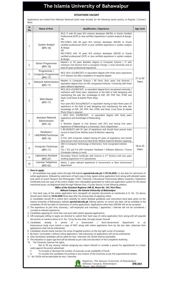 Islamia University of Bahawalpur IUB System Analyst Jobs 2020 IUB Jobs 2020