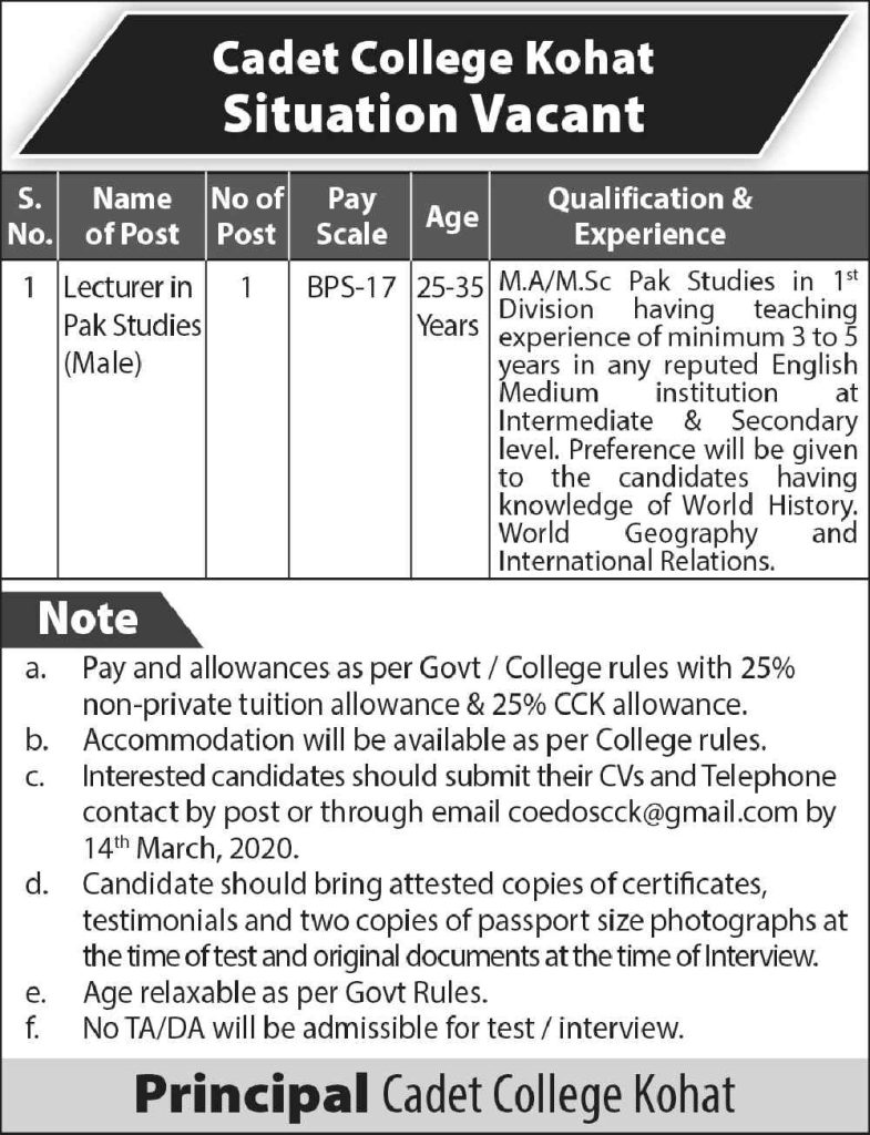 Cadet College Kohat Jobs 2020