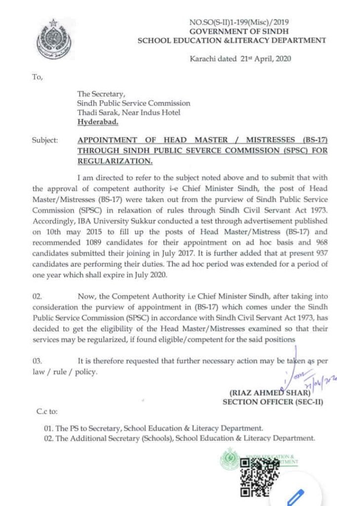 Appointment of Head Masters Through SPSC