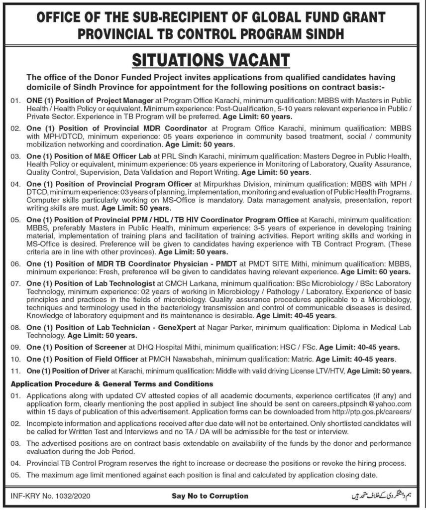 The Provincial TB Control Program Sindh Jobs 2020 | Latest Advertisement The Provincial TB Control Program Sindh Jobs