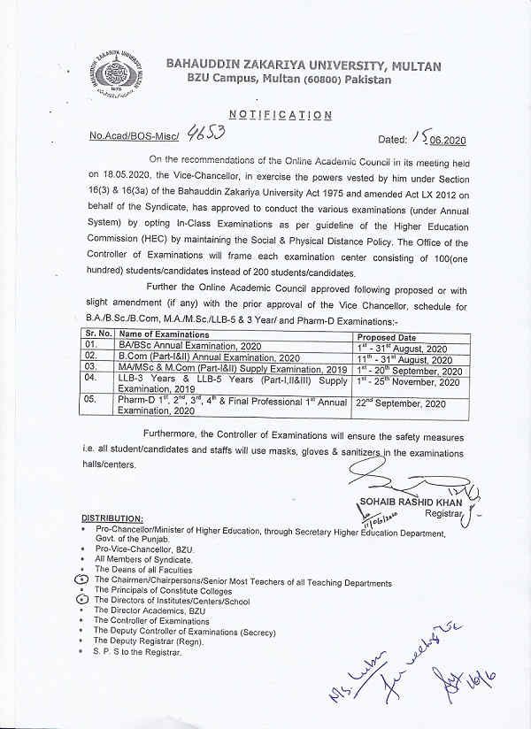 BZU Multan Exam Schedule 2020