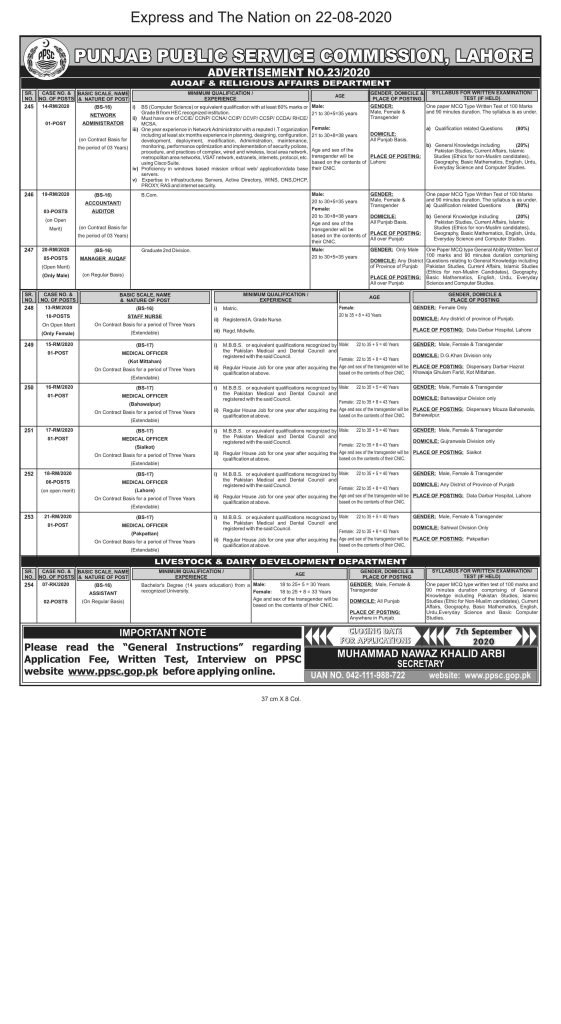 PPSC Jobs Advertisement No. 23 in Auqaf and Religious Affairs Department PPSC Advt No. 23 2020