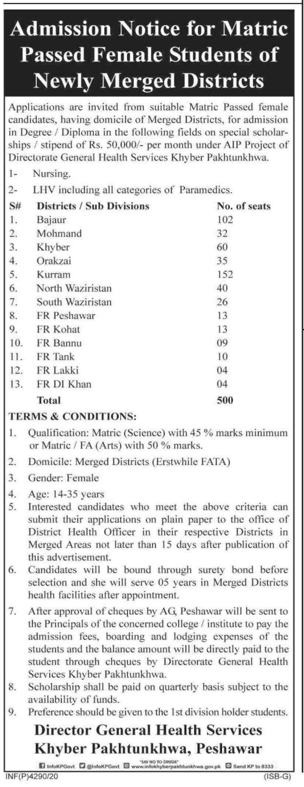 Directorate of General Health Services KPK Admissions 2020.