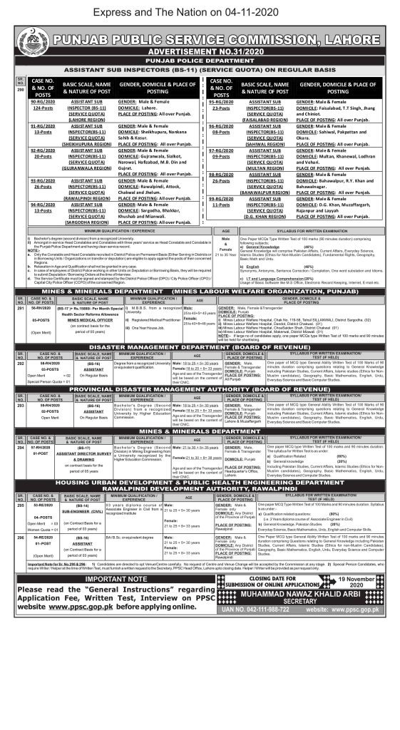 PPSC Advertisement 31-2020