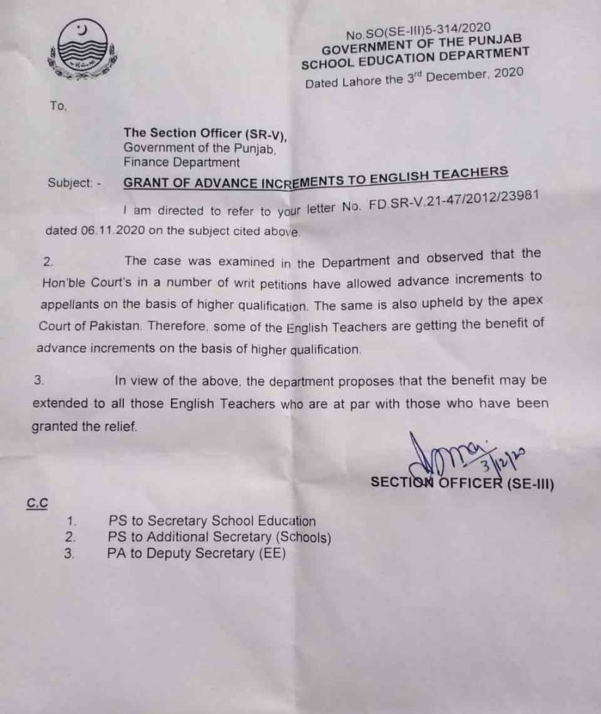 Advance Increment of Higher Qualification to English Teachers