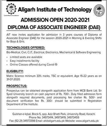 Aligarh Institute of Karachi Admission Open 2020-21 Aligarh Institute karachi Admission
