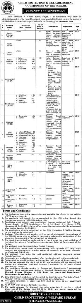 Child Protection & Welfare Bureau Punjab Latest Jobs 2020 | NTS Jobs 2020