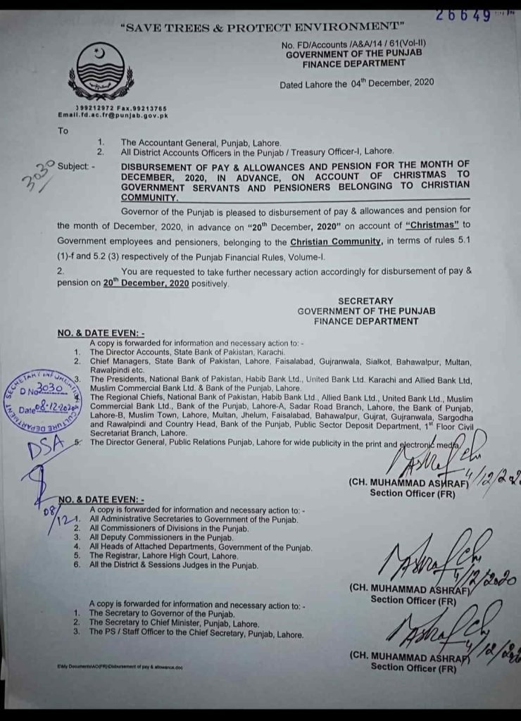 Disbursement Of Pay and Pension on Punjab on 20 December 2020