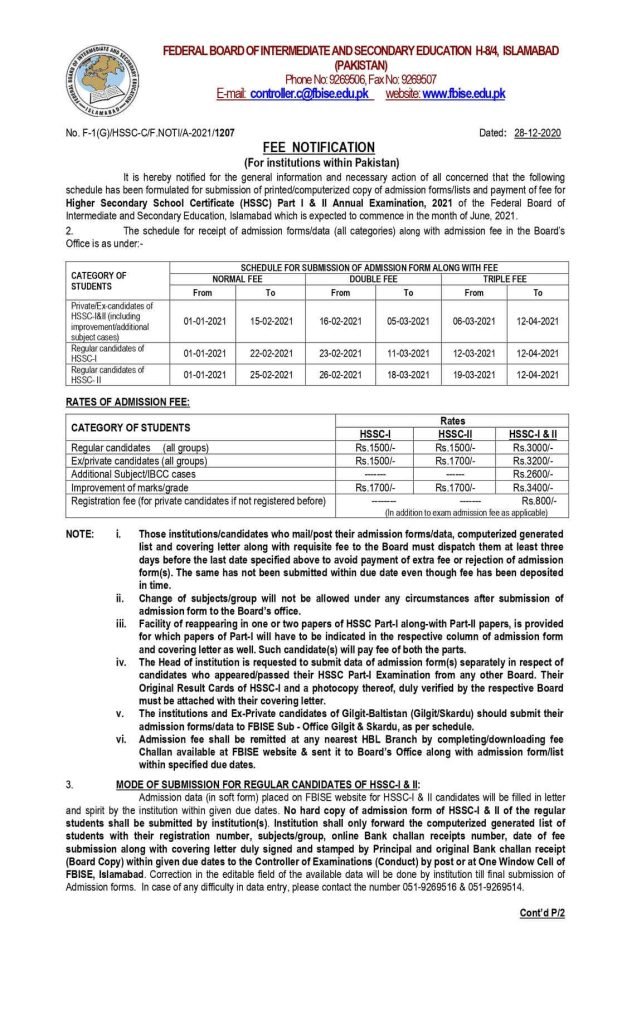 FBISE HSSC ( part I & II) Fee Schedule for Annual Exams 2021