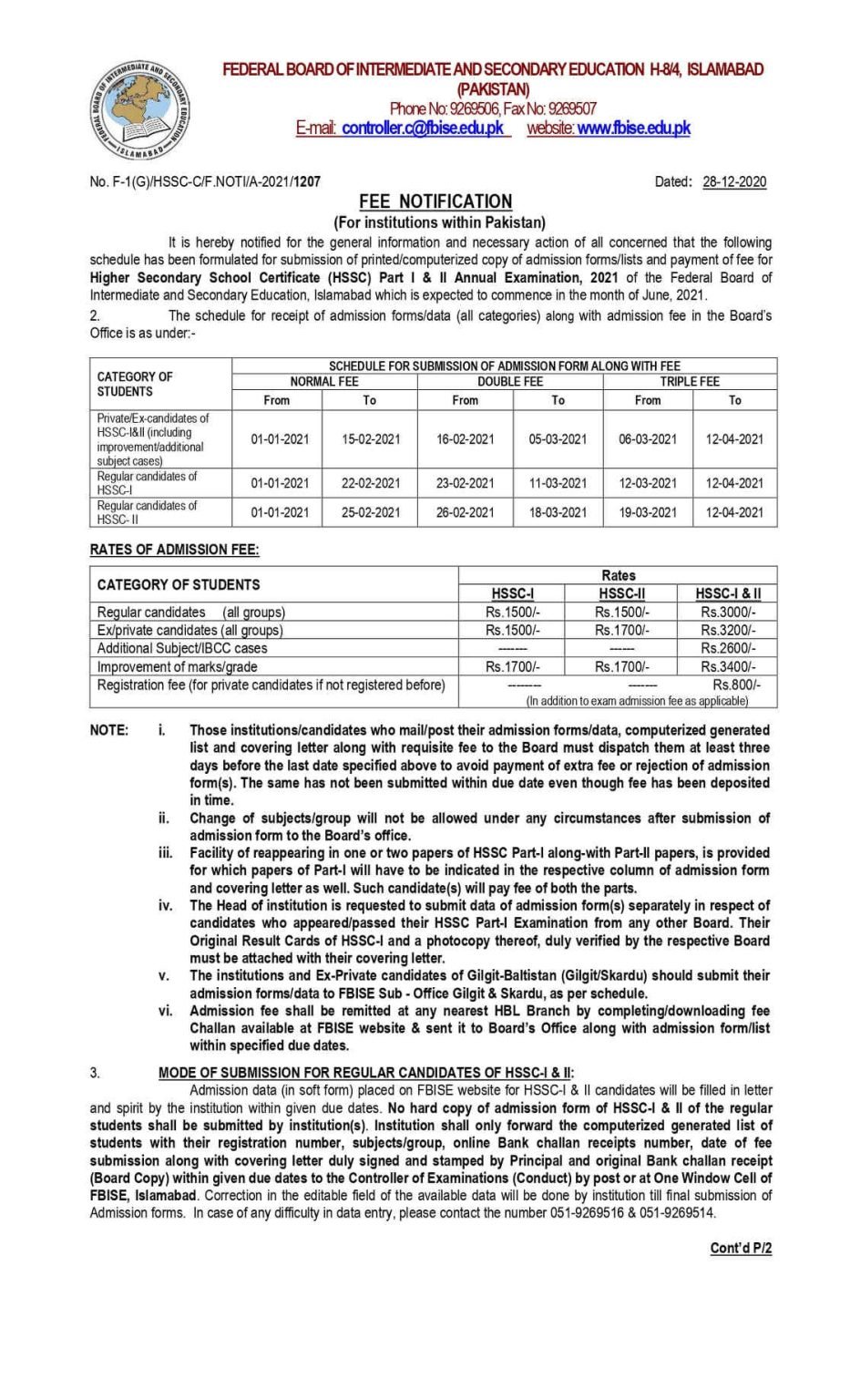 FBISE HSSC ( part I & II) Fee Schedule for Annual Exams 2021