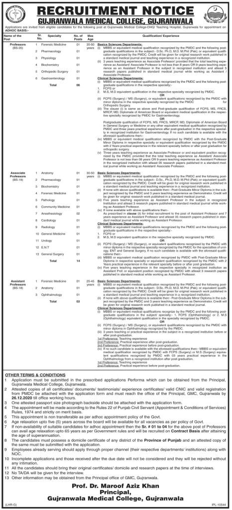Gujranwala Medical College DHQ Teaching Jobs 2020 | Apply Now Gujranwala Medical College DHQ Teaching Jobs 2020 | Apply Now
