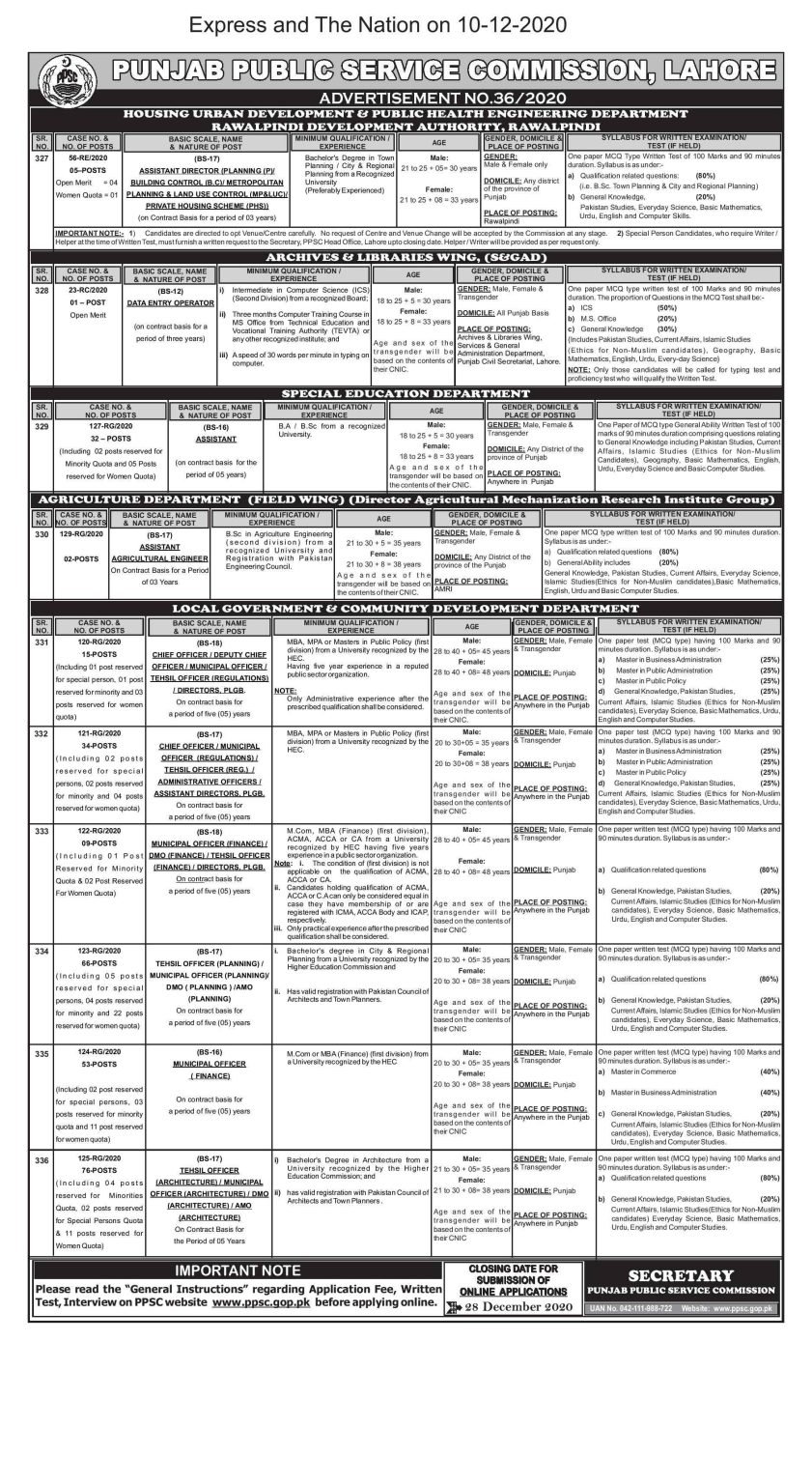 PPSC Latest December jobs 2020 | PPSC Advertisement No. 36/2020 PPSC Advt no. 36-2020