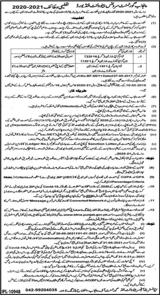 Punjab Govt Servants Benevolent Fund Board Scholarship 2020-21