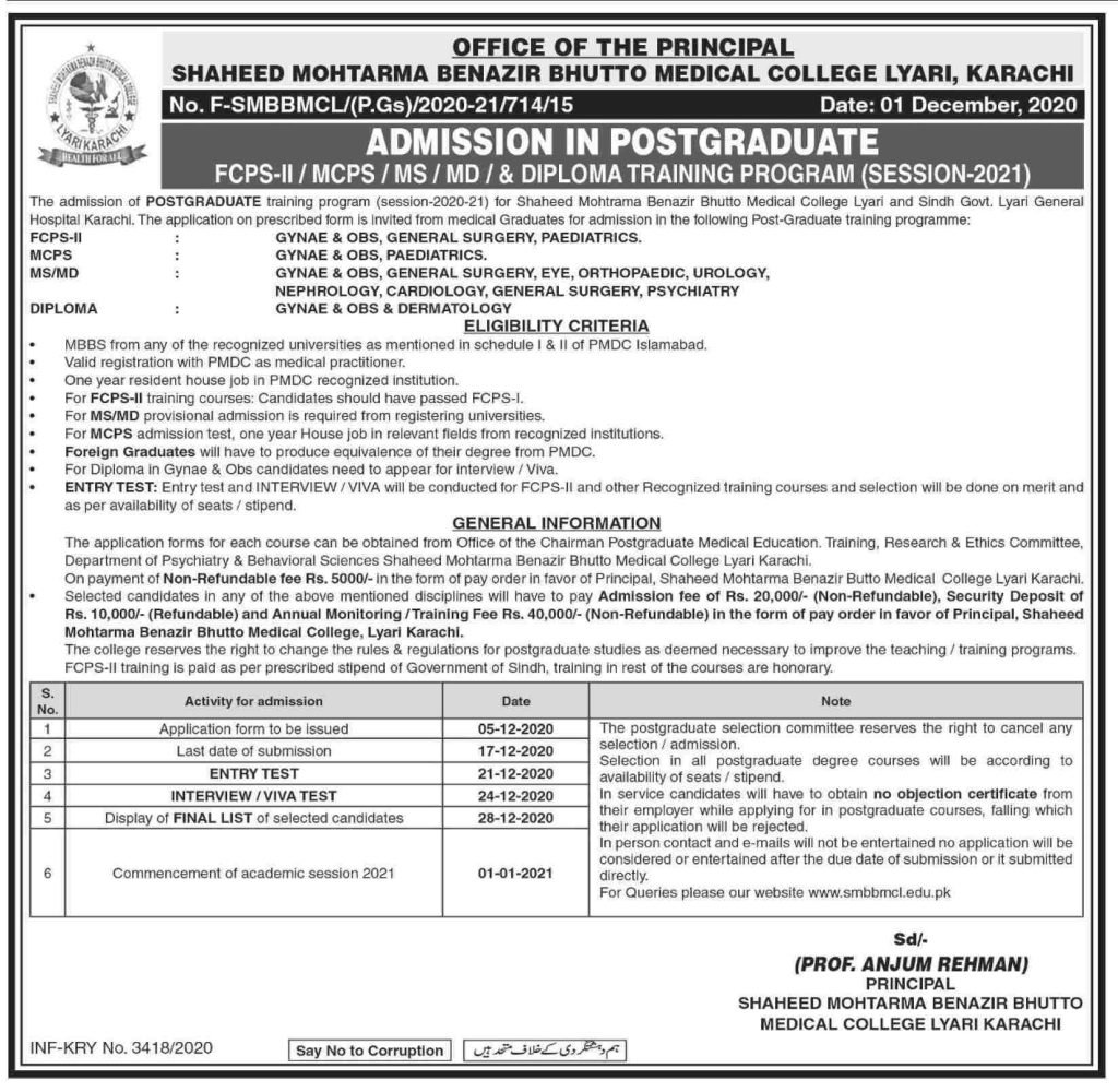 Shaheed Mohtarma Benazir Bhutto Medical College Postgraduate Admissions 2021