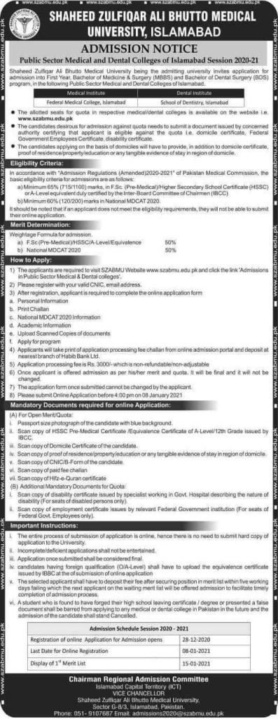 Shaheed Zulfiqar Ali Bhutto Medical University MBBS and BDS Admissions 2020-21 Shaheed Zulfiqar Ali Bhutto Medical University MBBS and BDS Admissions 2020-21