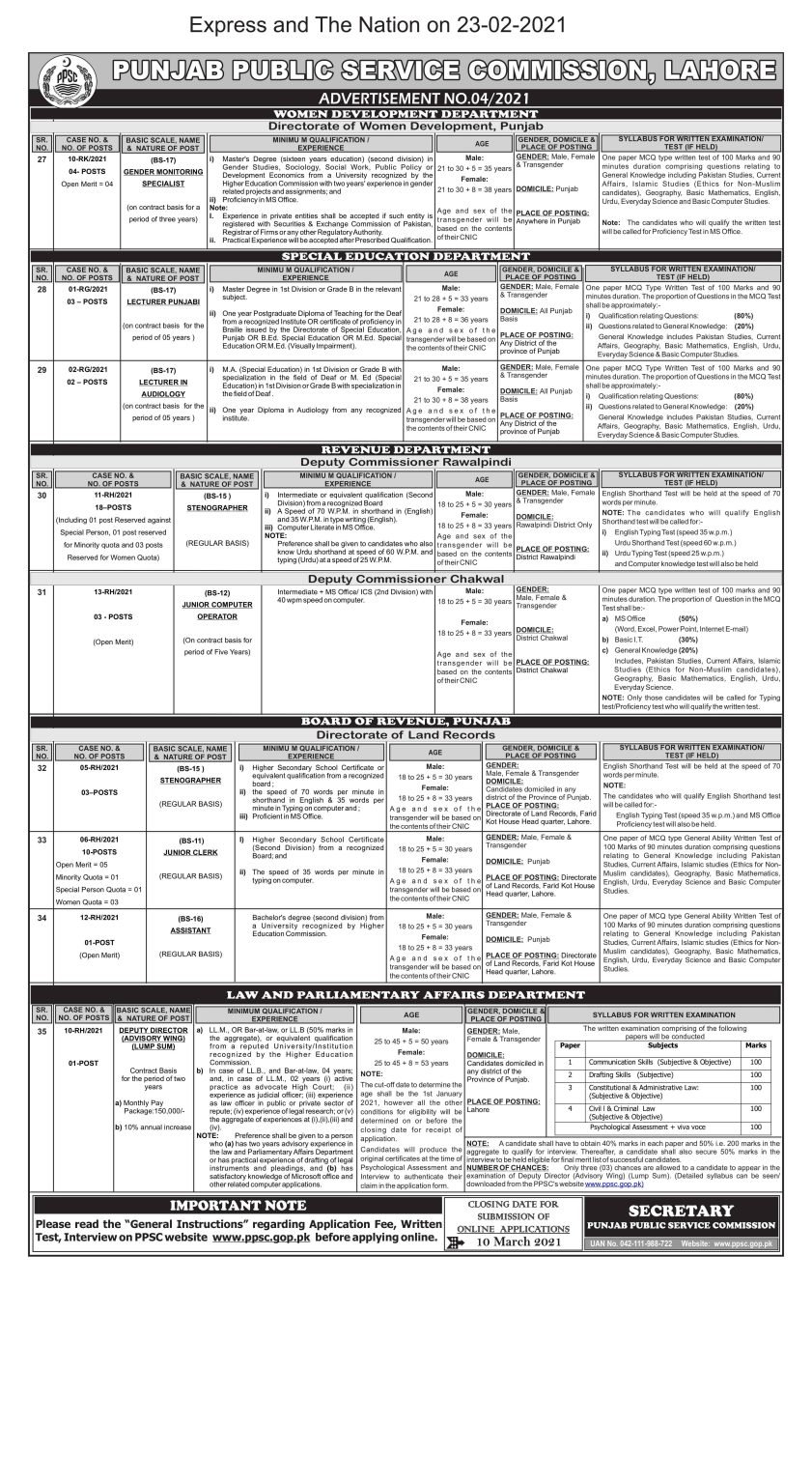PPSC Latest Jobs 2021 | Advertisement No. 04/2021