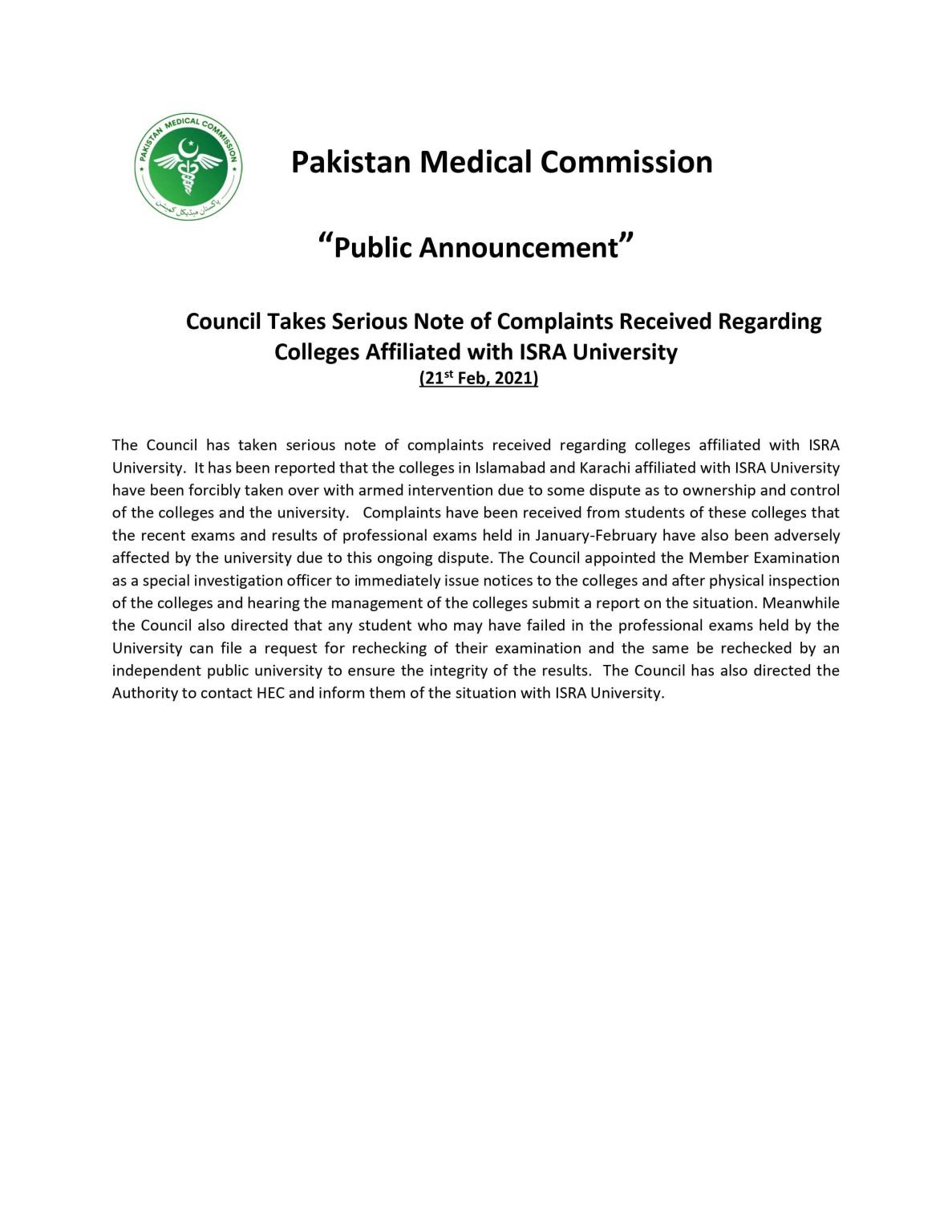 PMC Takes Notice Against Complaints Received Regarding Colleges Affiliated With ISRA University