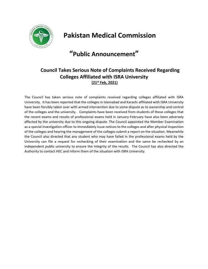 PMC Takes Notice Against Complaints Received Regarding Colleges Affiliated With ISRA University