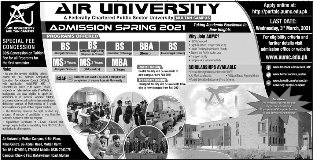 Air University Multan Campus Spring 2021 Admissions | Apply Now
