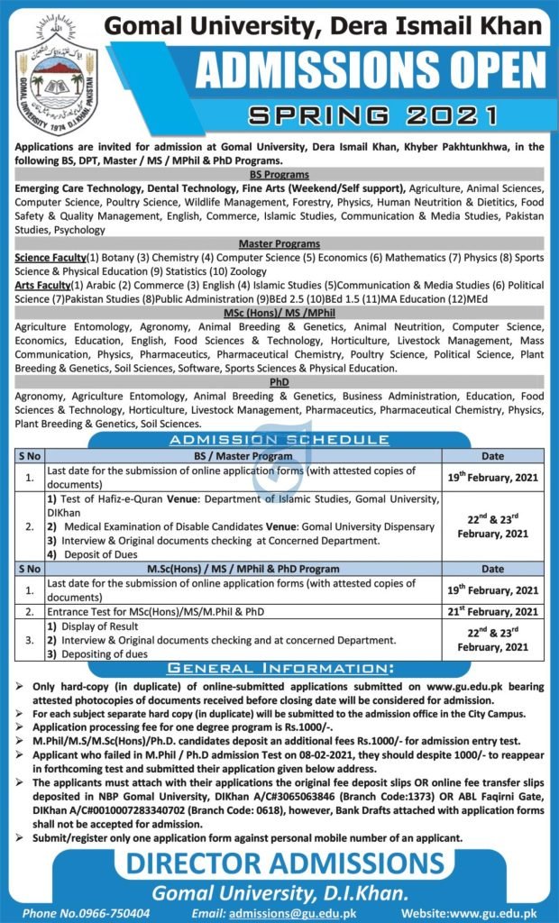 Gomal University Invites Admission Application for Spring Session 2021 Gomal University Invites Admission Application for Spring Session 2021