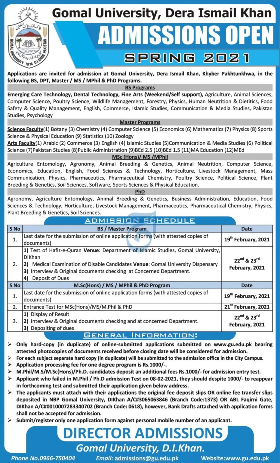 Gomal University Invites Admission Application for Spring Session 2021