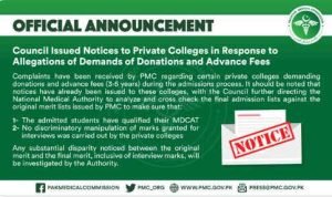 PMC Issued Notice To Private Colleges Against the Demand of Advance Fee