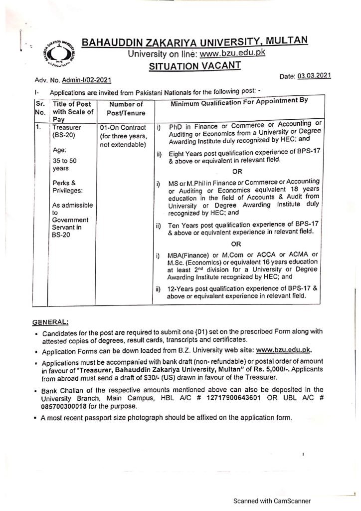 Bahauddin Zakariya University Multan Latest Jobs 2021 | Apply Now