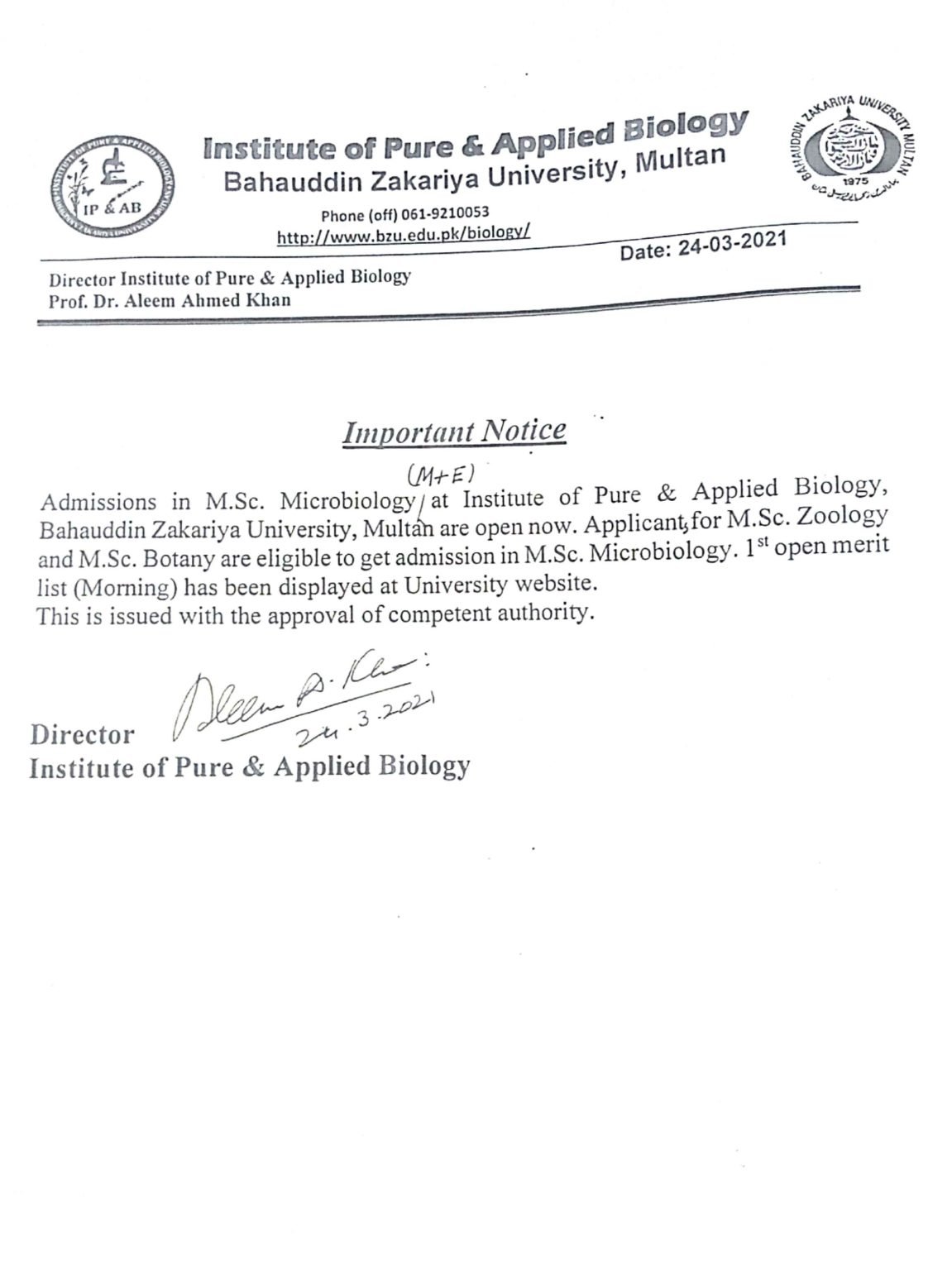BZU Notification Regarding MSc Microbiology Admission 2021