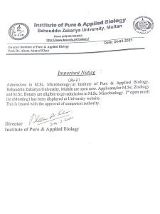 BZU Notification Regarding MSc Microbiology Admission 2021