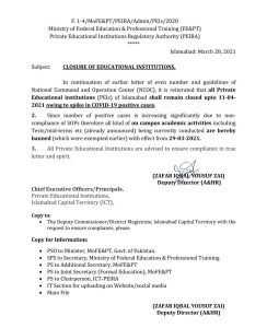 Closure of PEI in Islamabad