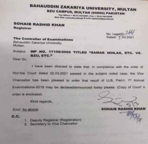 BZU Multan LLB Part-I 1st Annual Examination Result 2021