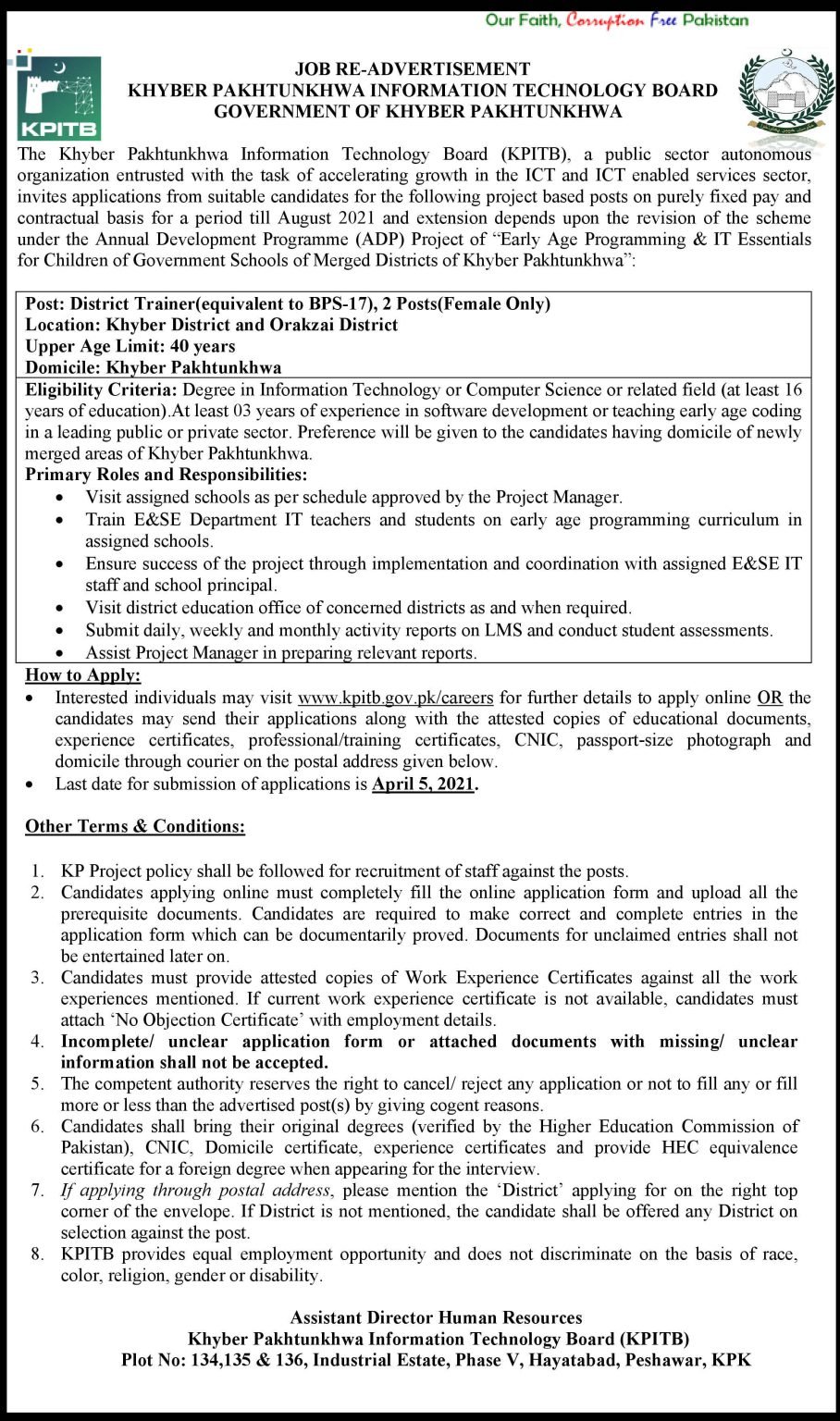 KPK Information Technology Board Latest March Jobs 2021 | Apply Now