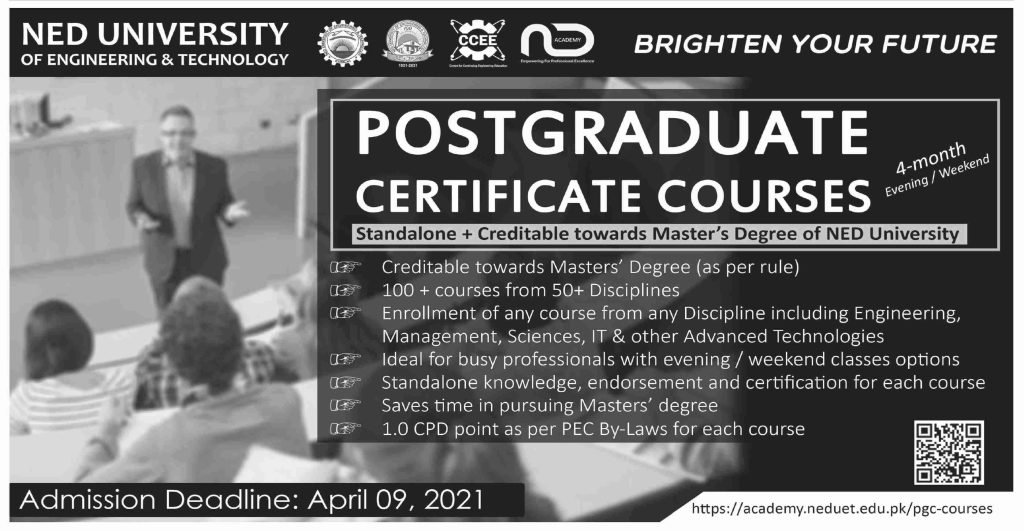 NED-UET Postgraduate Certificate Courses Admissions 2021 NED-UET Postgraduate Certificate Courses Admissions 2021