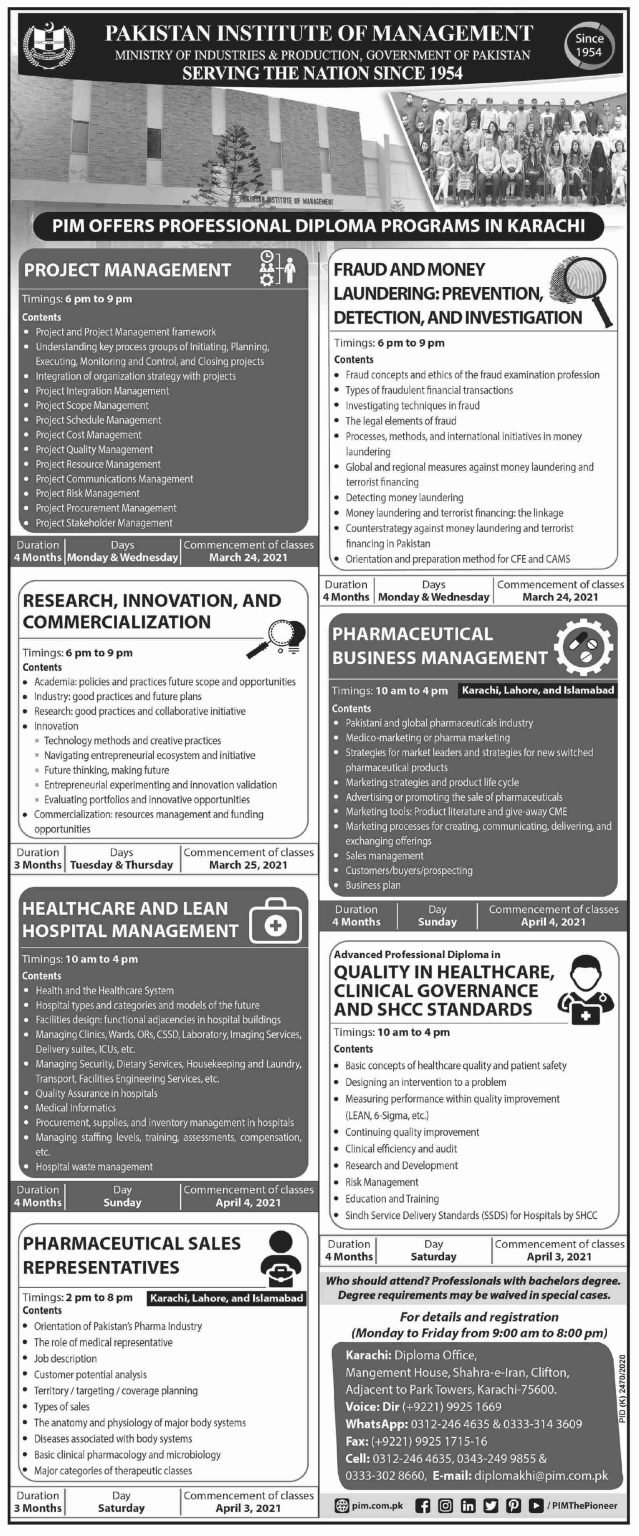 Pakistan Institute of Management Offer Professional Diploma Programs 2021 Pakistan Institute of Management Offer Professional Diploma Programs 2021