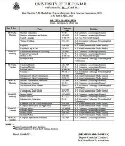PU AD Bachelors (02-Years program) First Semester Exams 2021 Date sheet