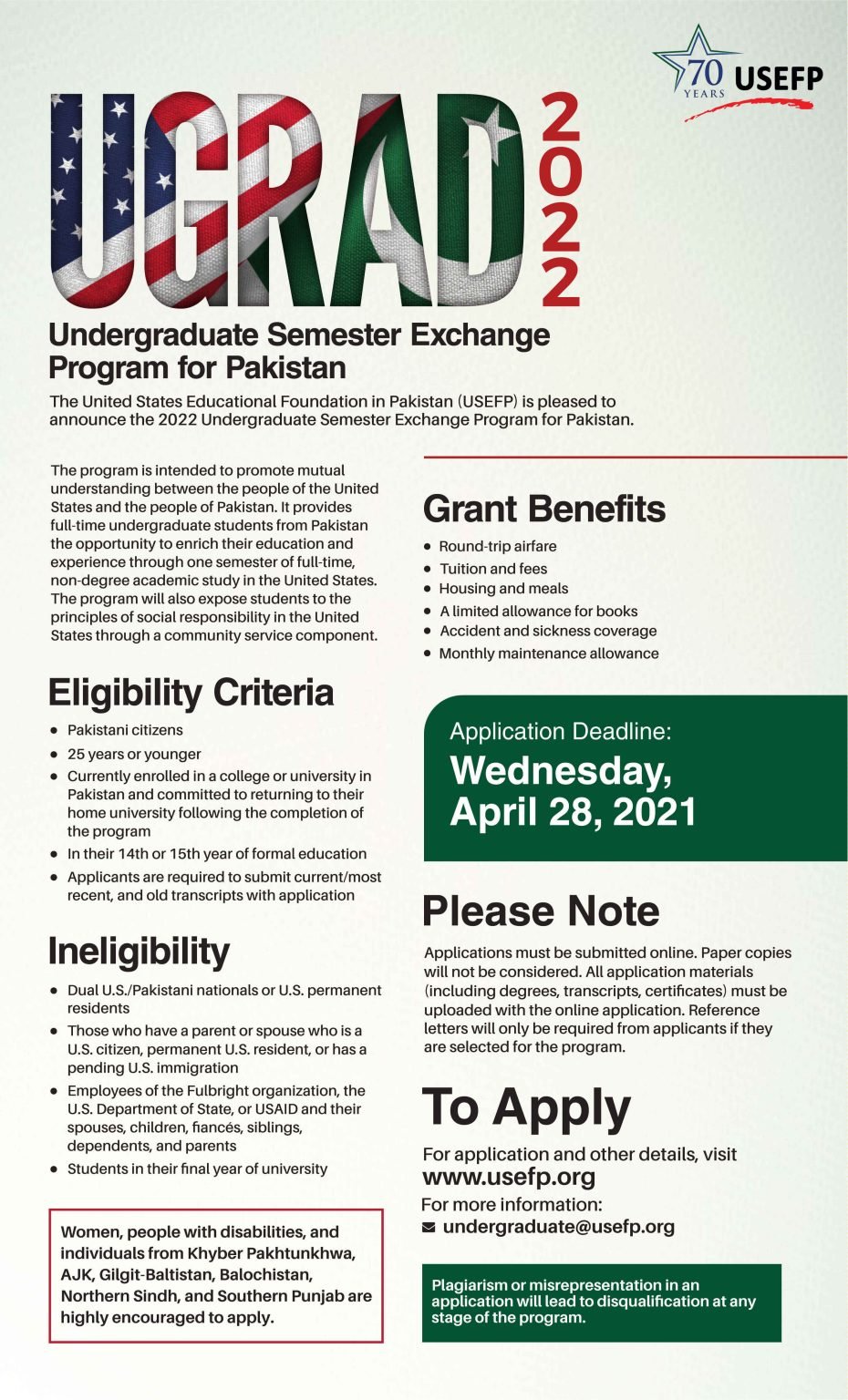 USEFP Undergraduate Semester Exchange Program 2022 For Pakistan