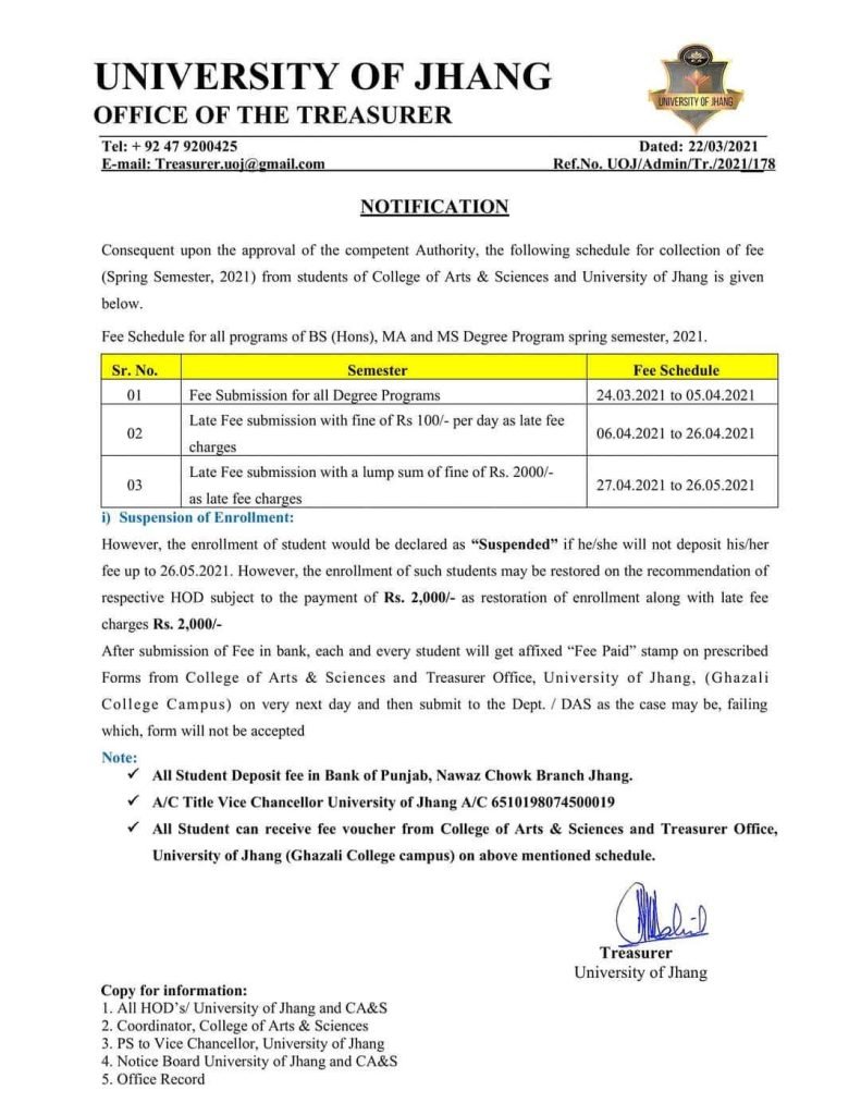 University Of Jhang Issued the Fee Schedule of Semester Spring 2021