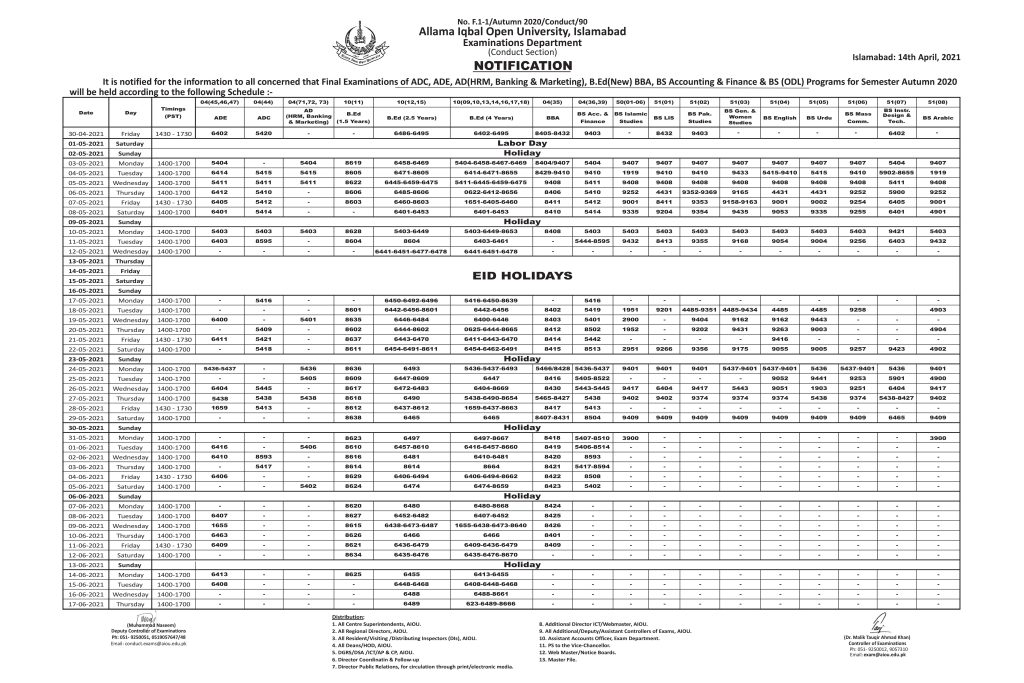 AIOU Final Exams Date sheet 2021 | BS, B.Ed, ODL 2021 Date Sheet