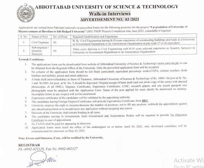 Abbottabad University of Science & Technology (AUST) Latest Jobs 2021 Abbottabad University of Science & Technology (AUST) Latest Jobs 2021