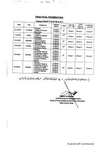 BISE Swat Date Sheet for SSC (9th and 10th) Annual Exams 2021