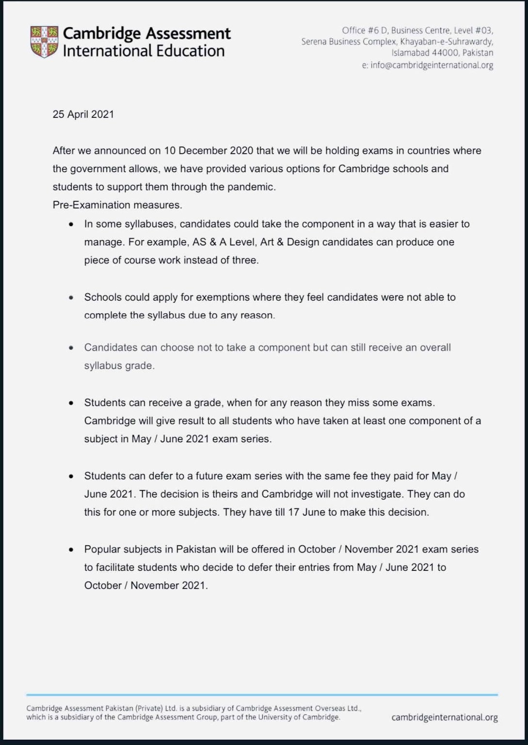 Cambridge Issued CAIE Pre-Examination Measurements to Assist Students