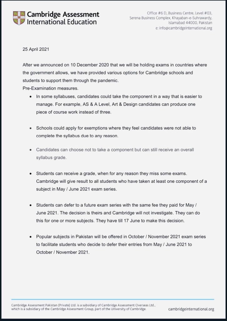 Cambridge Issued CAIE Pre-Examination Measurements to Assist Students