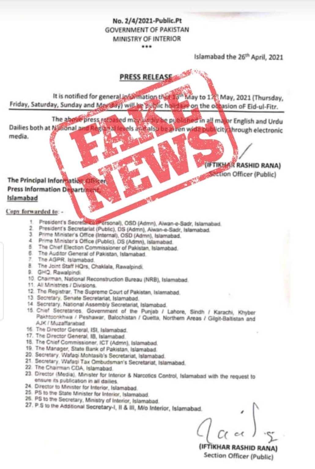 Fake Notification Regarding Eid-Ul-Fitr 2021 Holidays
