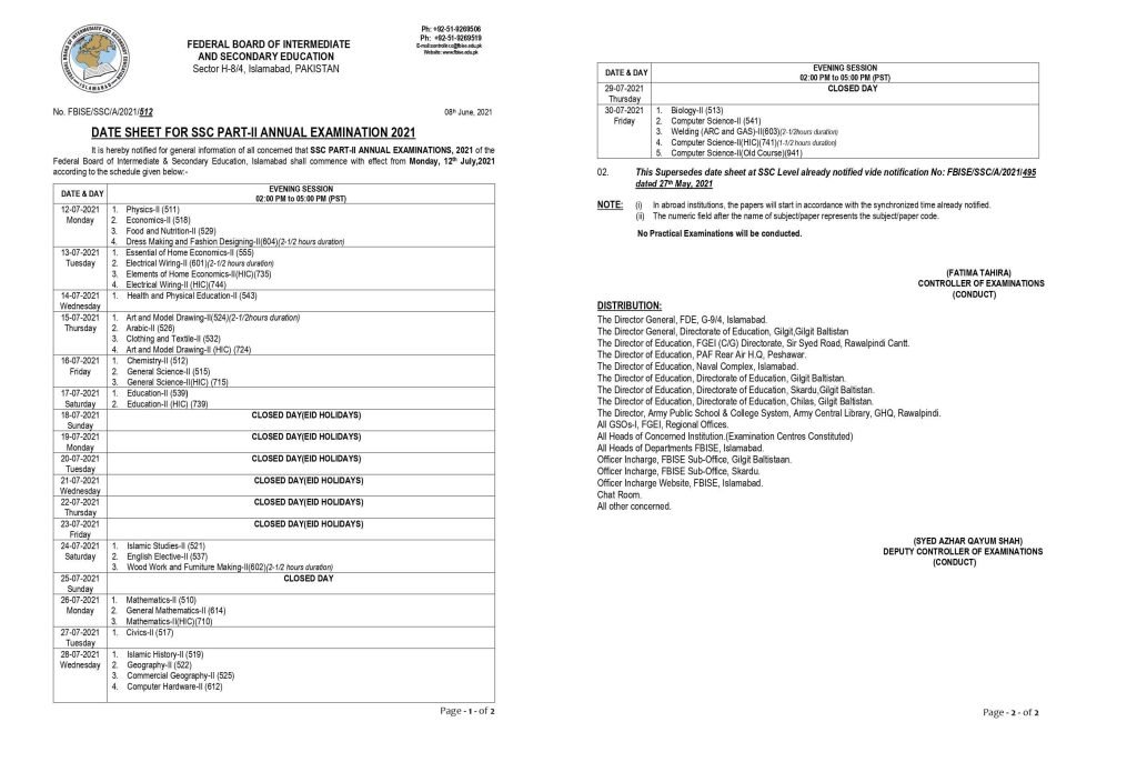 Federal Board FBISE SSC Part II (10th Class) Date Sheet 2021 Federal Board FBISE SSC Part II (10th Class) Date Sheet 2021