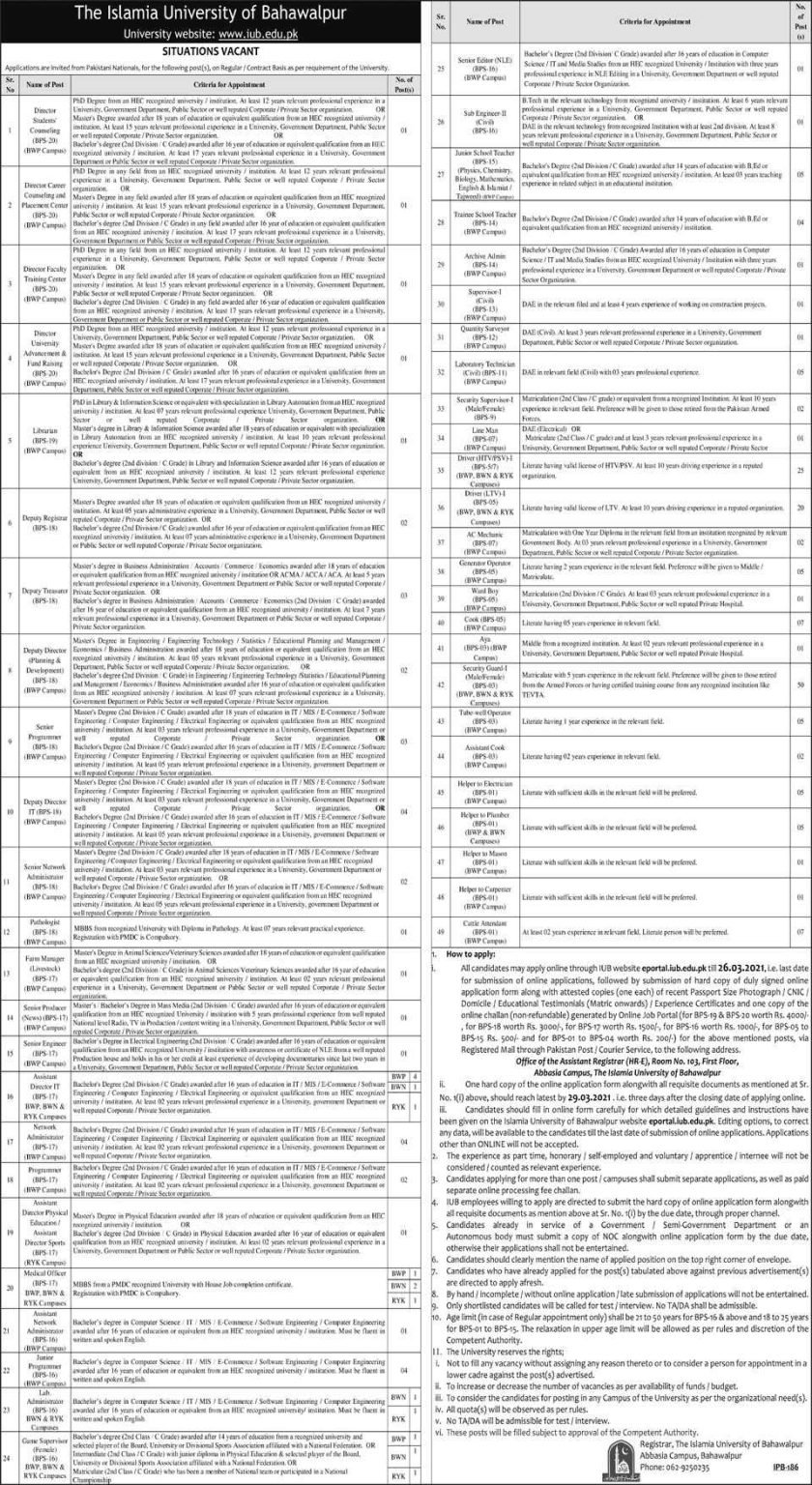 Islamia University of Bahawalpur IUB Latest Jobs 2021 | Apply Now