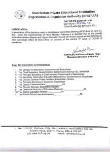 Notification to Close Private Schools in Balochistan Till Eid-ul-Fitr