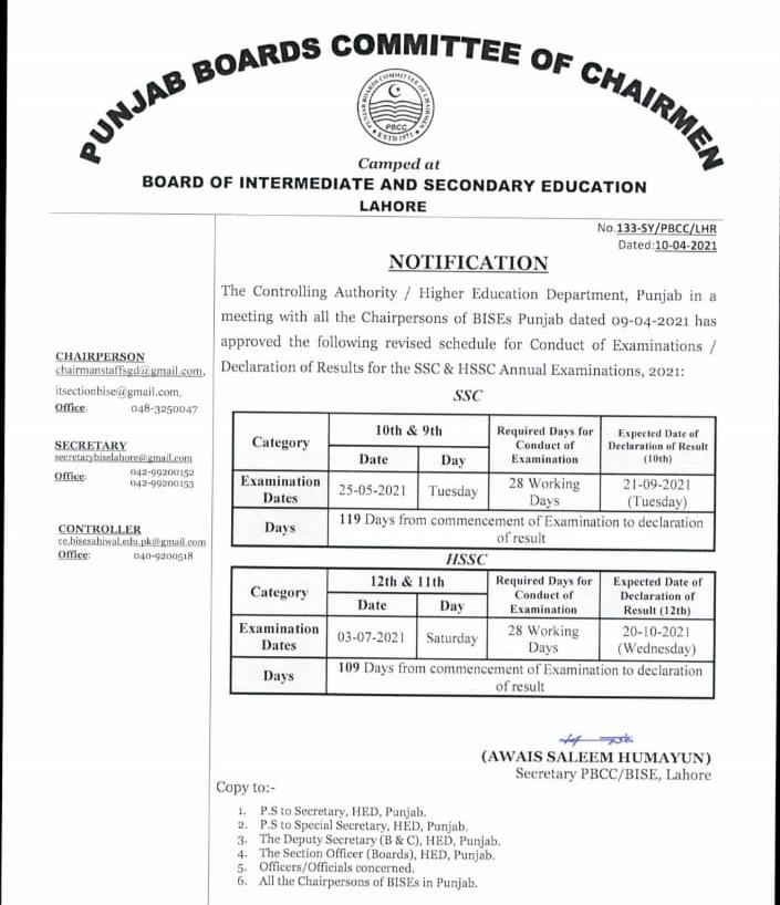 PBCC Issues Inter (HSSC Part 1 & Part 2) Revised Exams Schedule for 2021 PBCC Issued Exams Schedule 2021