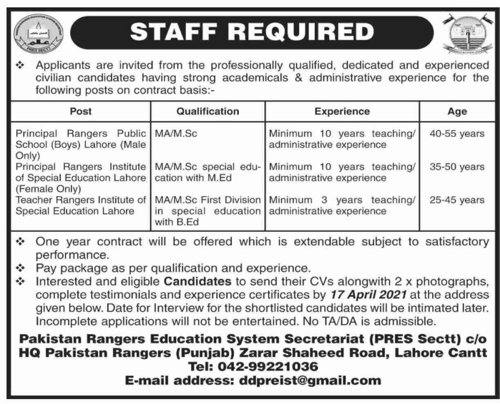 Pakistan Rangers Education System Secretariat Latest Jobs 2021 Pakistan Rangers Education System Secretariat Latest Jobs 2021